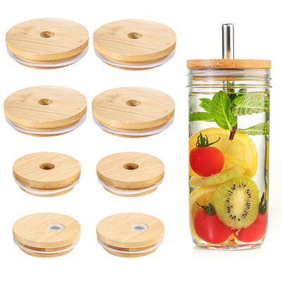 Silikon Ring Bamboo Airtight Lids Mouth breiter Mason Jar Glass Beer Can mit Straw Hole
