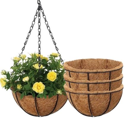 Metallhängender Korb mit Kokosnuss-Kohl-Liner-Hängender Blumenkorb mit Kette Innen-Außenpflanzen-Blumenkrug